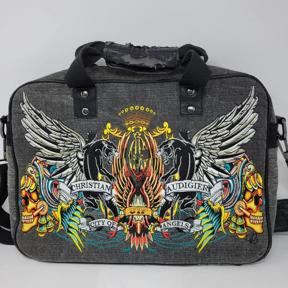 Christian Audigier City of Angels‎ Laptop Bag Skulls Panther Gray Y2K Briefcase